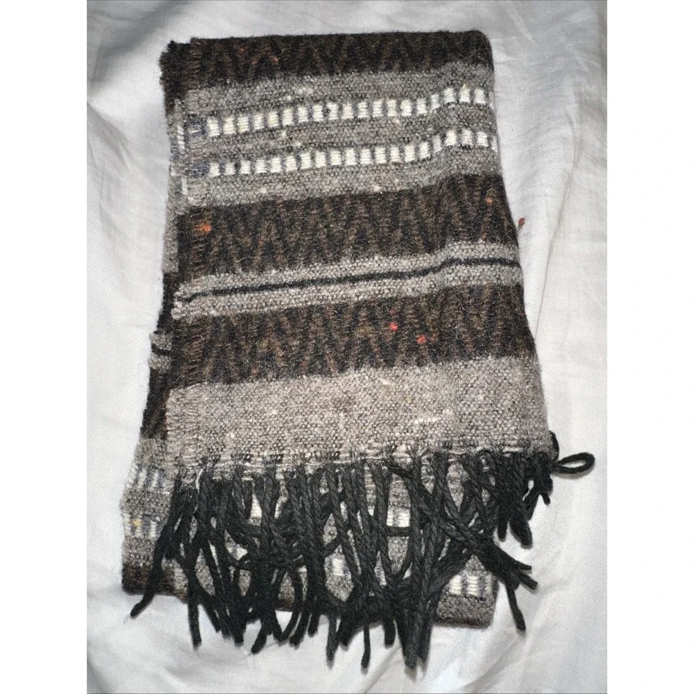 Pierre Cardin Wool Blend Scarf Fringe Gray Black Brown White Stripes‎ Pattern